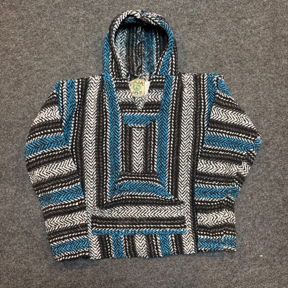 Baja Joe Mexican Drug Rug Hoodie Striped Turquoise Black White Medium